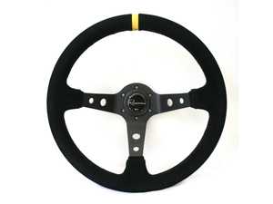 ES#3603842 - 100DSC - 100 Dark Competition Series Steering Wheel - Alcantara Suede w/ Yellow Stripe - Upgrade your interior styling with a universal, performance styled steering wheel from Renown! Features a 350mm diameter and 100mm Depth. - Renown - Audi BMW Volkswagen Mercedes Benz MINI Porsche