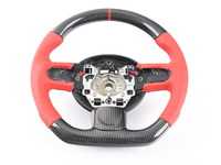 ES#3610453 - MC2-CFS-BR - MINI Cooper Carbon Fiber Flat Bottom Steering Wheel Gen 2 - Red Leather - Hand made carbon fiber inserts on the top and bottom with perforated red leather/red stitching on the sides with black trim inserts - Euro Impulse - MINI