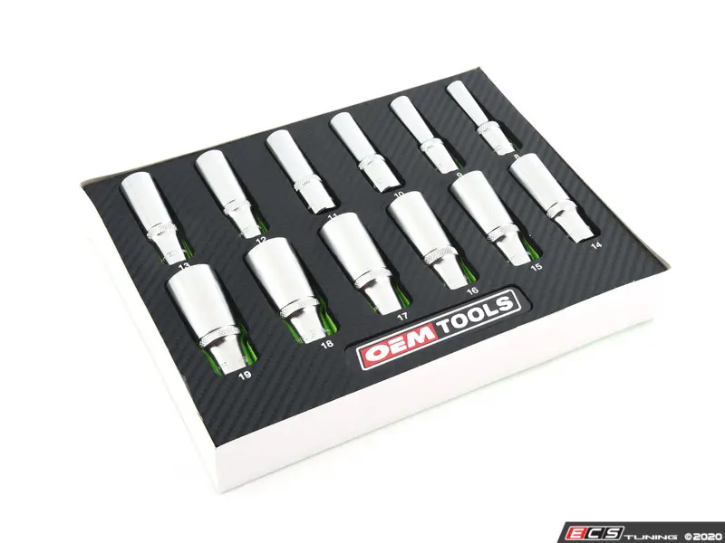 Metric OEMTOOLS 23981 12 Piece 3/8 Drive Deep Socket Set Deep Sockets from 8 to 19 mm Comes in a Handy Green-and-Black Organizer Tray Great Auto Repair Tool Set 