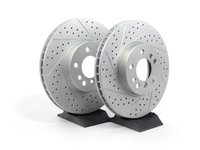 ES#2193128 - 6765457XSGMTLRA - Front Cross Drilled & Slotted Brake Rotors - Pair - Featuring GEOMET protective coating offering superior rust protection for long lasting, great looking rotors. - ECS - BMW