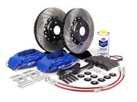 ES#260944 - 1K0698304 - Front Big Brake Kit - Stage 3 - 2-Piece Cross-Drilled & Slotted Rotors (332x32) - Four-Piston Blue ECS caliper, caliper carrier brackets, pads, two-piece rotors, exact-fit stainless steel lines, and hardware - ECS - Audi Volkswagen