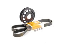 ES#2731606 - 001977ECS01KT - Aluminum Water Pump Pulley Kit - With Belt - Includes durable ECS Aluminum Water Pump Pulley in black, four retaining bolts and a Continental water pump belt - Assembled By ECS - BMW