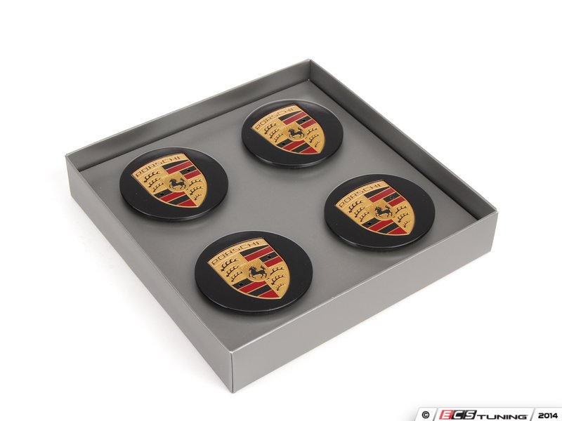Genuine Porsche 99704460297 Center Cap Set Black with colored Crests