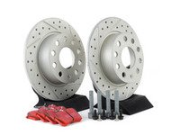 ES#3149985 - 007921ECS01KT2 - Performance Rear Brake Service Kit (253x10) - Featuring ECS cross-drilled and slotted rotors with GEOMET coating and EBC RedStuff performance pads - Assembled By ECS - Audi Volkswagen
