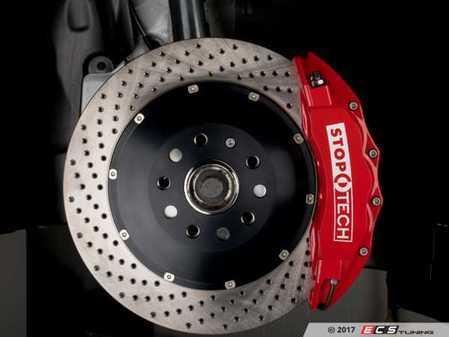 ES#3125311 - 83.895.6700.74 - StopTech Front Big Brake Kit - 2 Piece Drilled Coated Rotors (355x32) - Featuring Red 6 piston calipers, stainless brake lines, drilled coated rotors, and Street performance brake pads - StopTech - Audi