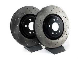 ES#3240954 - 128.33138lKT - Front Drilled Brake Rotors - Pair (345x30) - Upgrade to a cross-drilled rotor for improved braking - StopTech - Audi